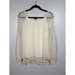 Amanti Blouse Womens Small Cream Silk Layered Lace Hem Sheer Sleeve Italy